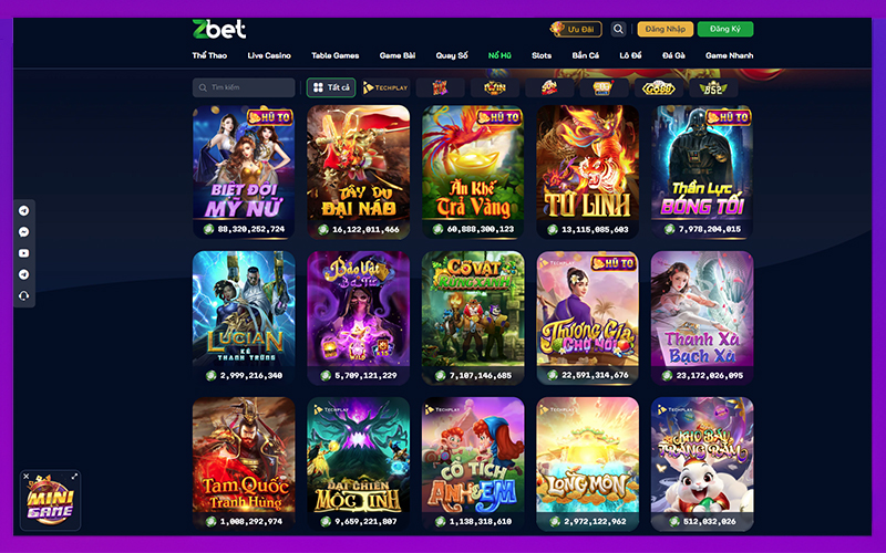 Sảnh Slots hiển thị jackpot và game nổi bật